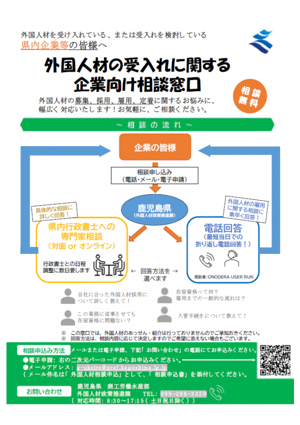 外国人材の受入れに関する企業向け相談窓口(表)