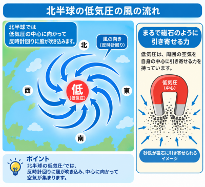 北半球の低気圧の風の流れのイラスト